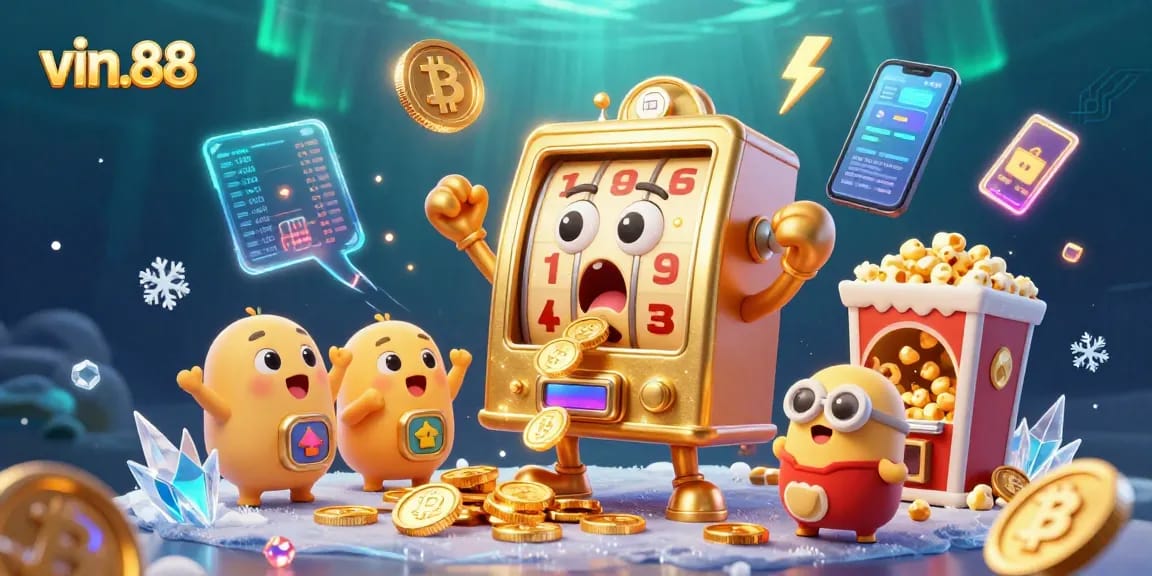 Join the thrilling action at vin.88 as the golden slot machine hits the jackpot in this dynamic casino scene!