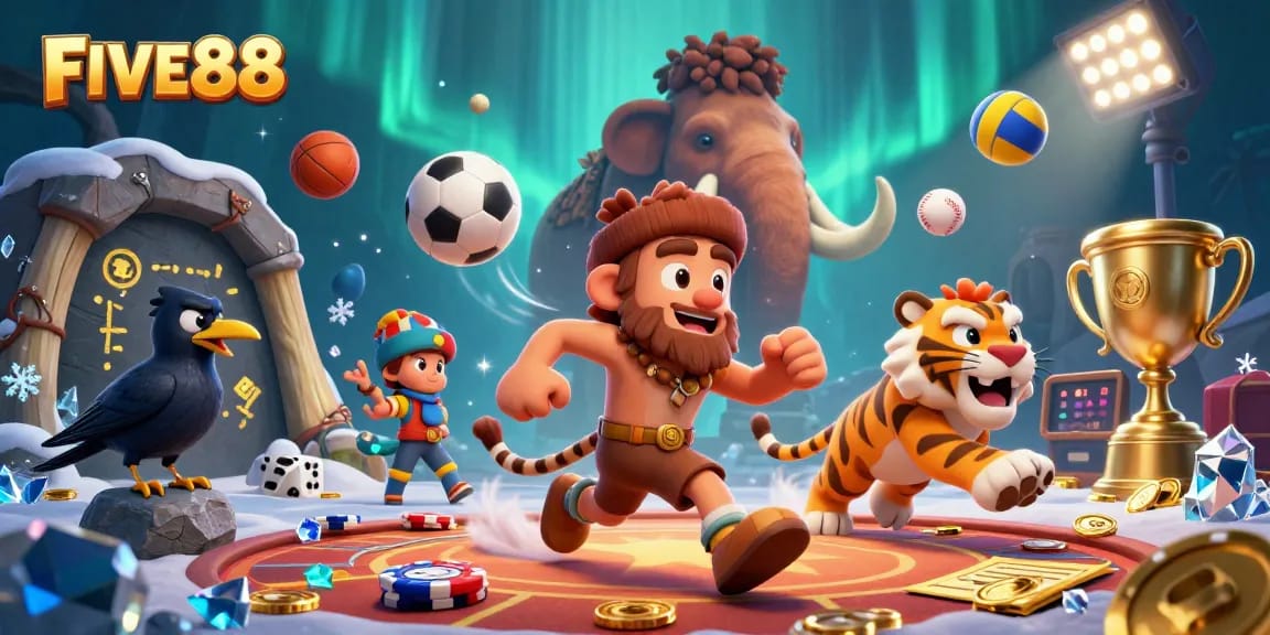 FIVE88 features a caveman and sabertooth duo in a vibrant prehistoric casino, showcasing energetic gameplay.