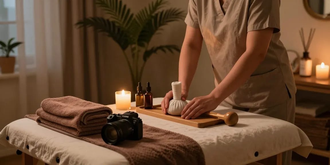 Enjoying a premium 용인출장마사지 in a calming home environment, with therapeutic setup for ultimate relaxation.