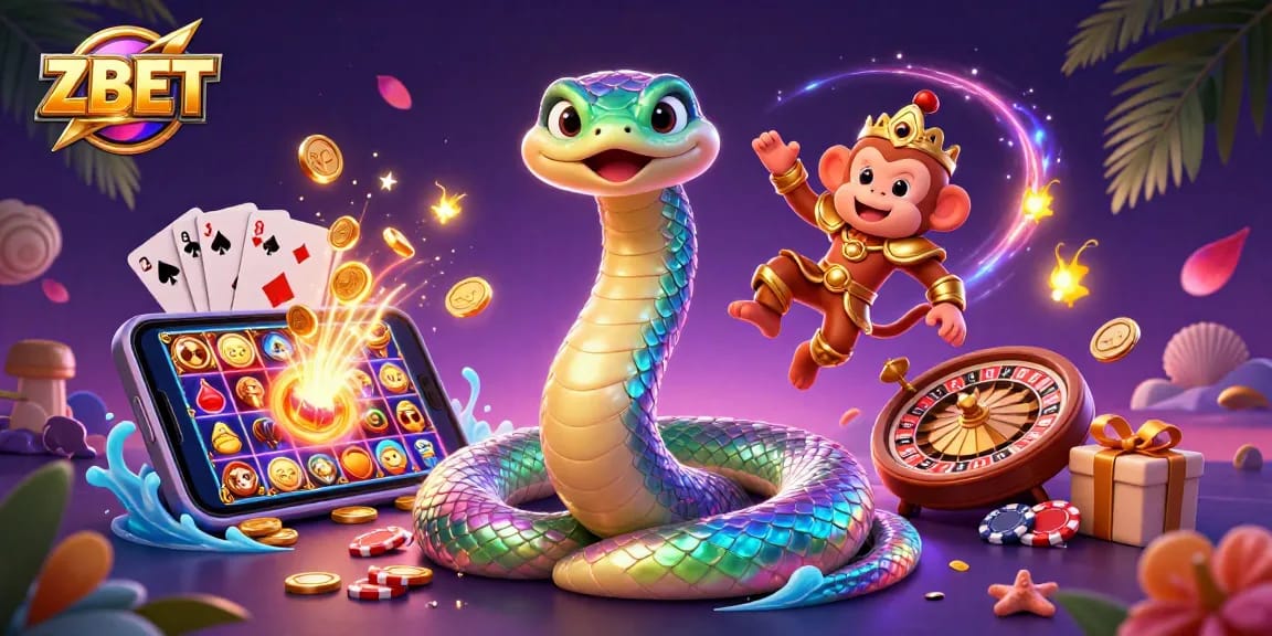 ZBET offers exciting gameplay with a colorful slot game scene featuring magical characters and casino elements.