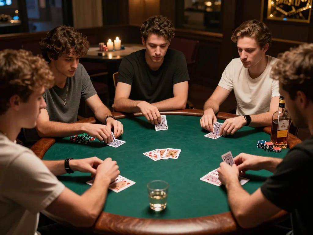 fun88s players enjoying an intense private poker game night, showcasing camaraderie and strategy