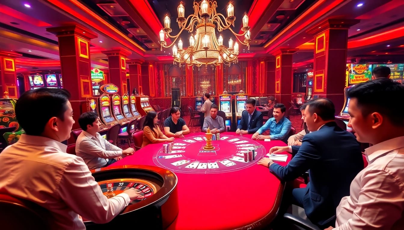 Exciting atmosphere at Nhà Cái FLY88 highlighting a vibrant poker table and casino games.
