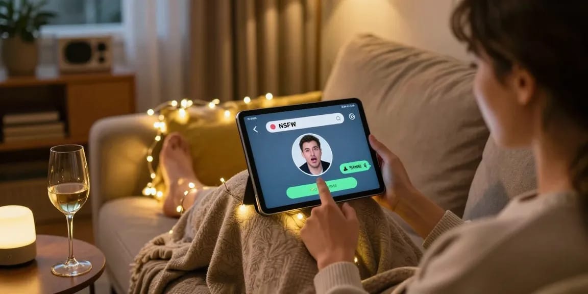 Engaging with a playful NSFW chat bot in a cozy home setting, showcasing a tablet and warm lighting.