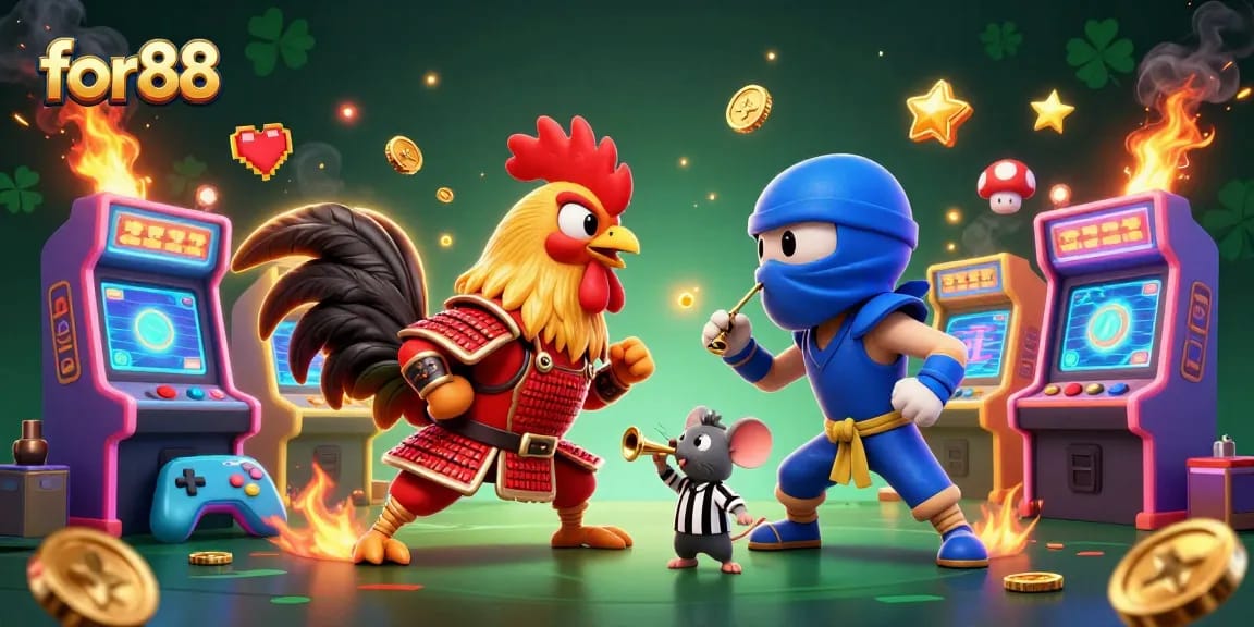 Engage in thrilling battles at for88 with dynamic rooster fighters and vibrant arcade elements.
