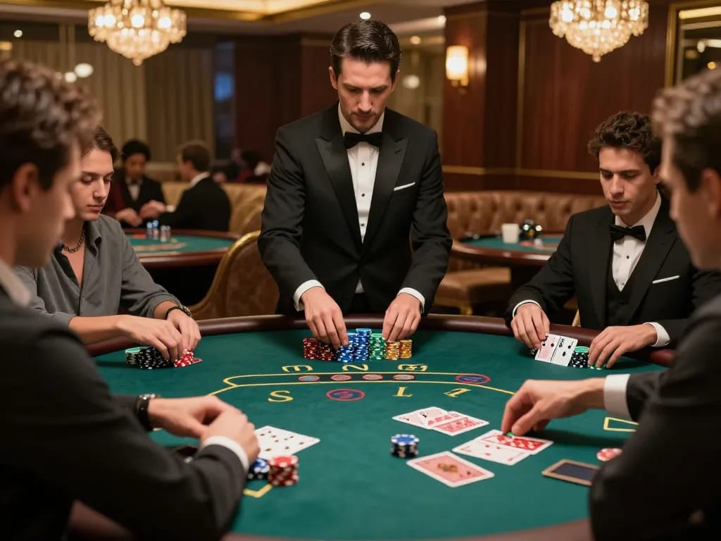 Players strategically betting at a blackjack table with chips stacked high, featuring the keyword sc888 for engaging gameplay.