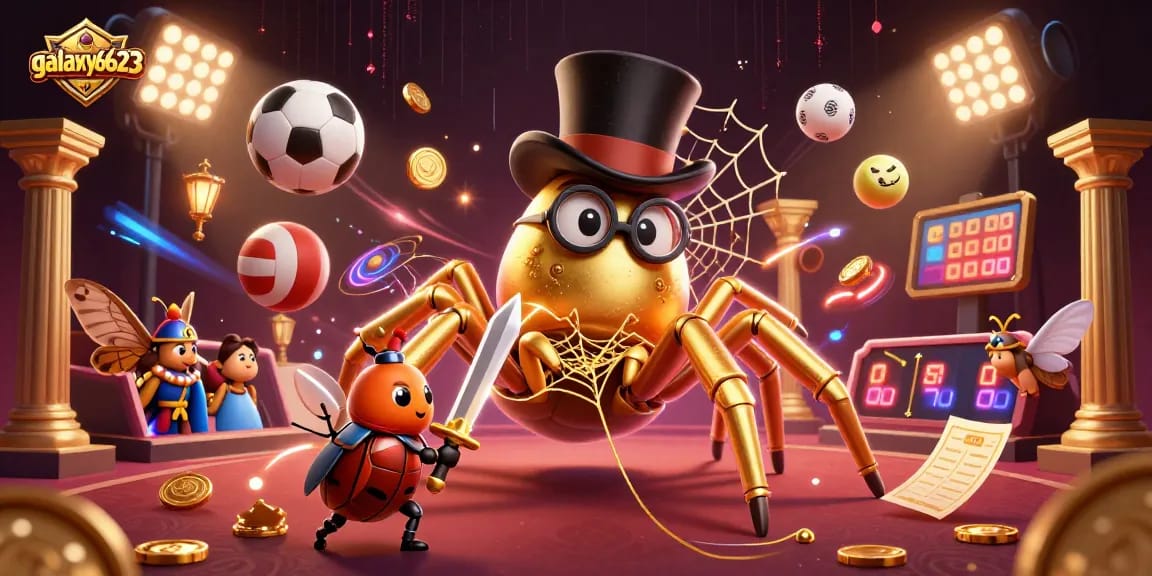 Experience excitement at galaxy6623, where a courageous beetle knight approaches a golden tarantula in a casino setting.