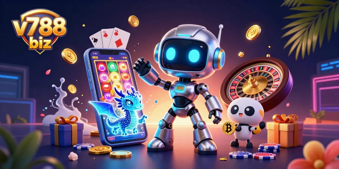 Experience the excitement of v788 biz with a vivid 3D casino scene showcasing vibrant gambling elements.