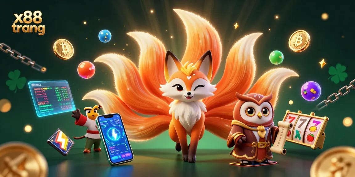 Experience thrilling excitement at x88 trang with a vibrant scene of a nine-tailed fox and wise owl surrounded by animated casino elements.