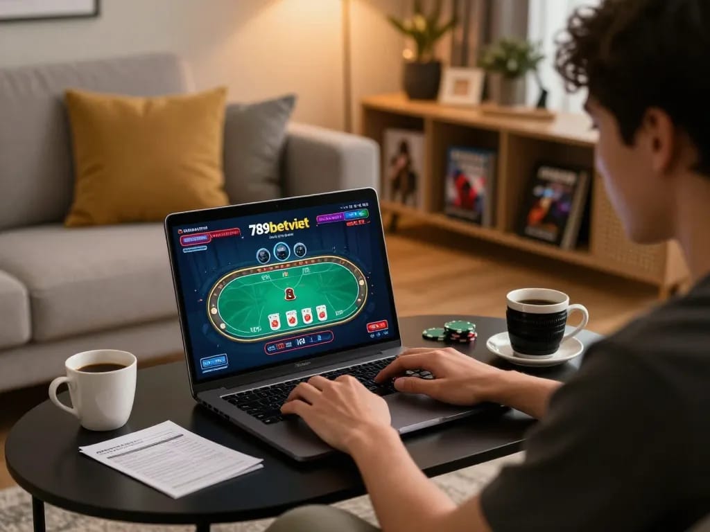 Engaged player using 789betviet on laptop for interactive poker strategy.