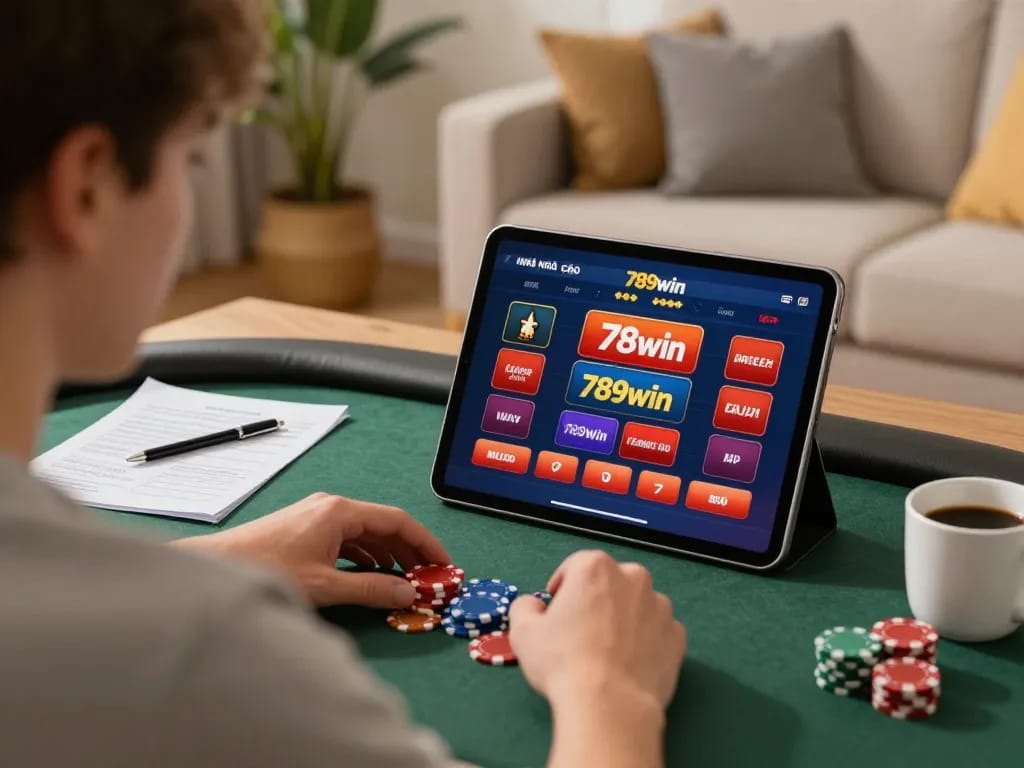 Player enjoying online casino gaming on nhà cái 789win tablet, surrounded by chips and strategy notes.