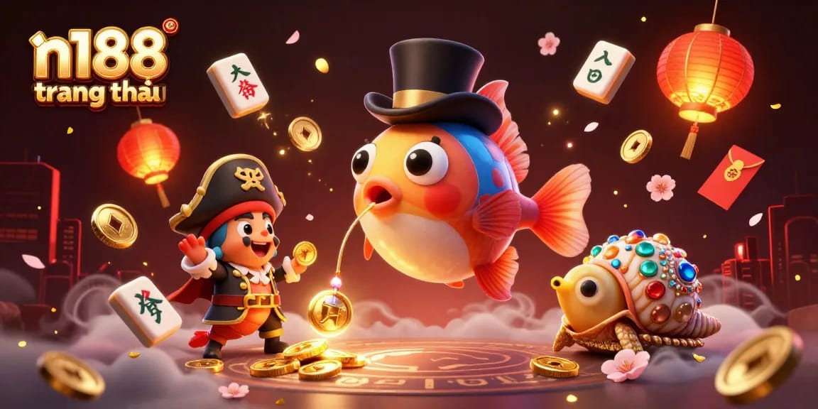 N188 trang chủ showcases a vibrant underwater casino scene with whimsical characters engaging in exciting gambling activities