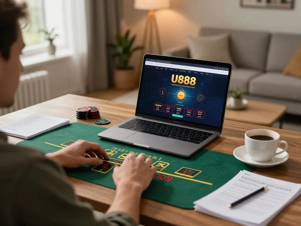 U888 player engaging in live dealer blackjack on a cozy home setup