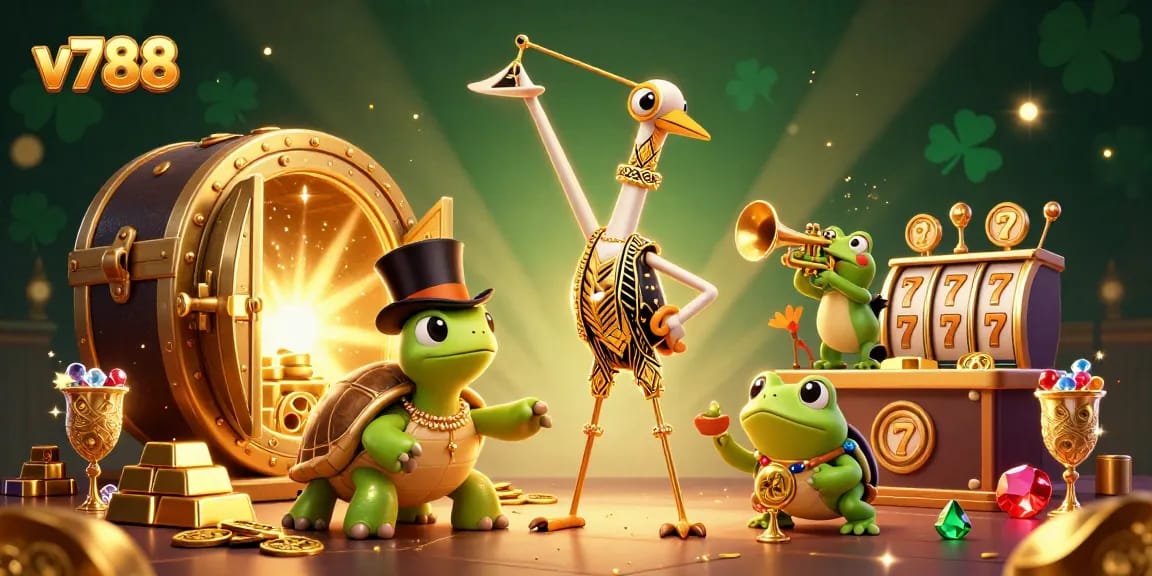 Experience thrilling gameplay at v788 with vibrant 3D casino characters surrounded by wealth and excitement.