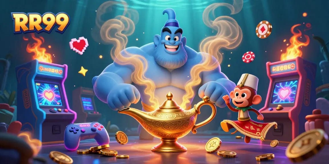 Engage in thrilling casino adventures with RR99, featuring a vibrant genie scene and animated poker elements.