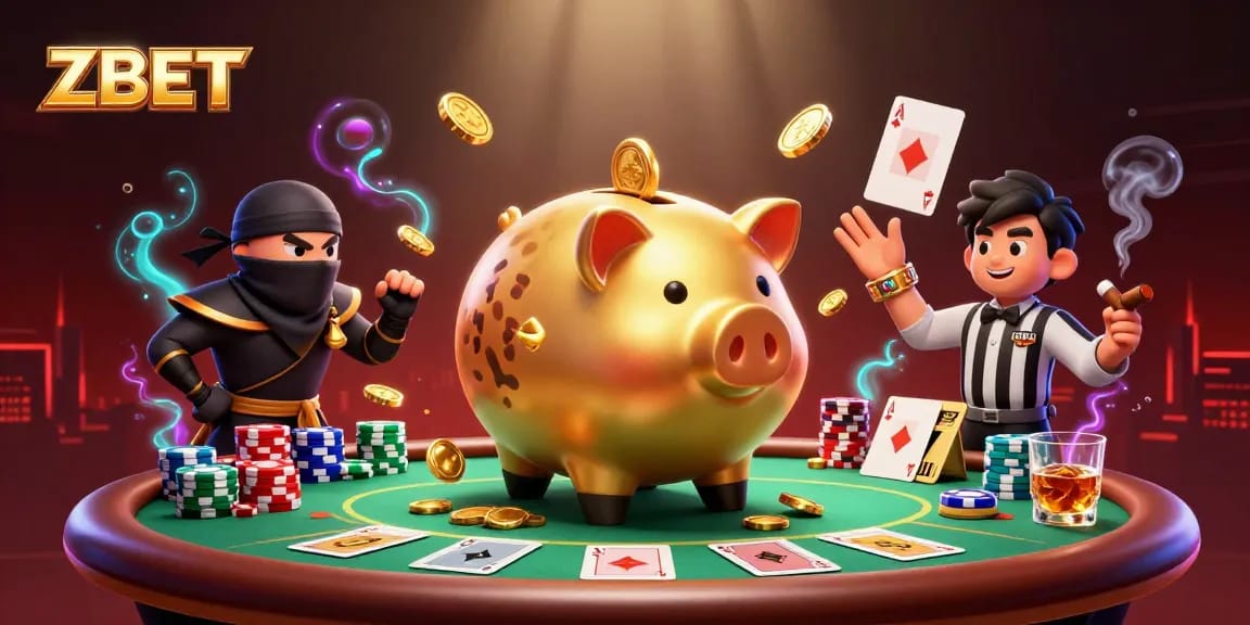 ZBET promotes online gaming excitement with a dynamic scene of characters amidst colorful casino elements.
