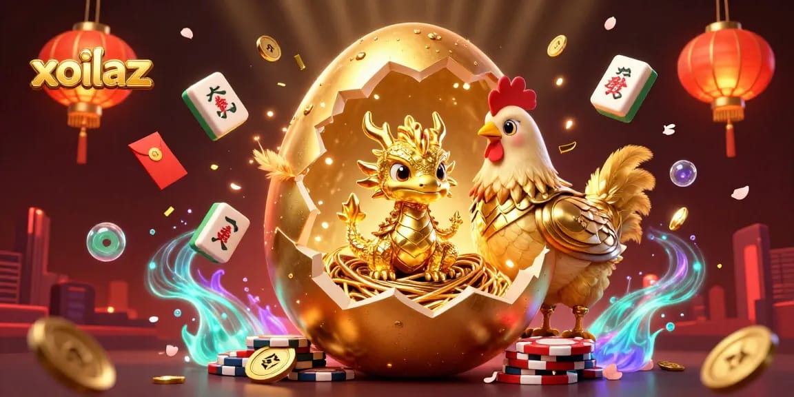 Xoilacz brings vibrant energy with rich 3D illustration of a golden dragon amidst casino elements.