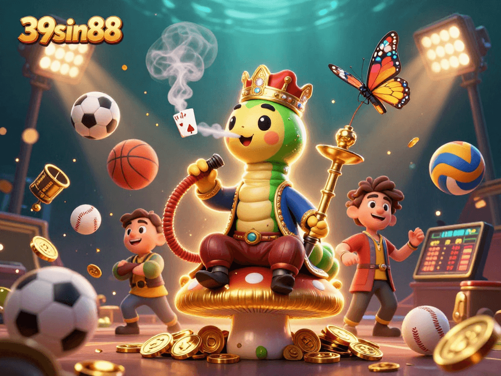 Experience thrilling moments at 39sin88 with a vibrant 3D casino scene filled with sports elements.