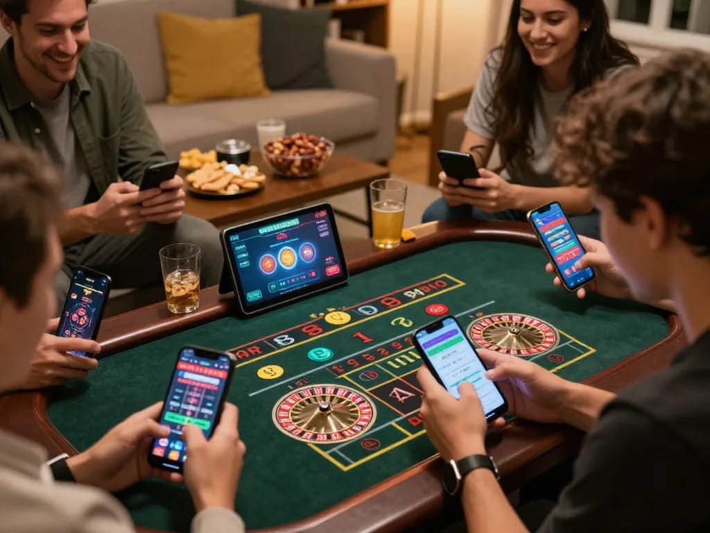 Players using the SC88 app for an online roulette game, showcasing interactive betting experience at home.