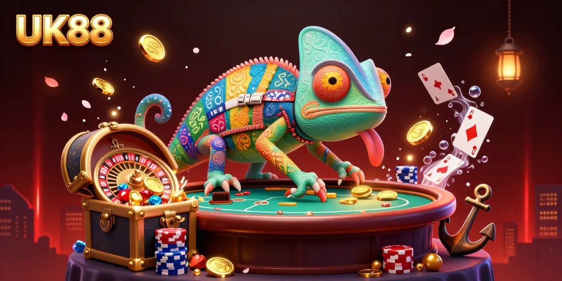 Experience UK88's vibrant gaming energy with this dynamic casino scene illustration.