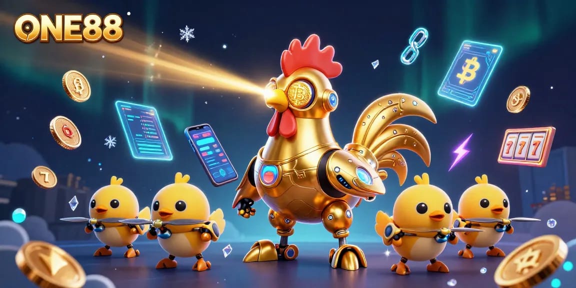 Experience thrilling wins at ONE88 with a dynamic 3D casino illustration featuring retro-futuristic characters and crypto elements.
