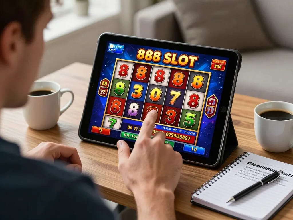 Engaged player enjoying an 888slot game on tablet in their cozy home, showcasing excitement and responsible gaming.