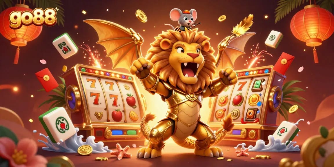 Go88's casino experience enhanced by a triumphant chimera and lively slot game elements in a vibrant illustration.
