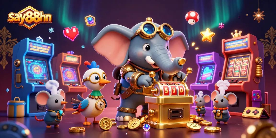 Engage with the dynamic slot machine action in say88hn's vibrant 3D casino scene featuring unique steampunk characters.