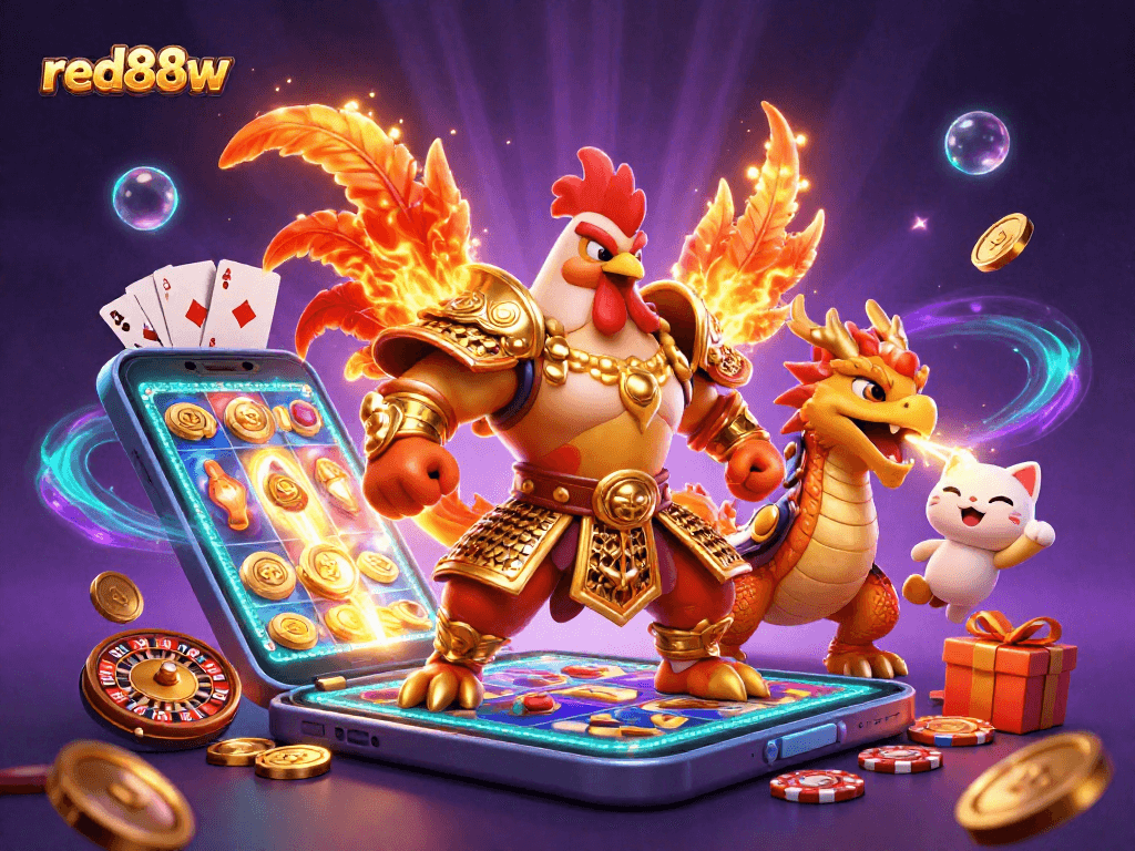 Engage in the thrilling world of red88w with a vibrant casino scene featuring dynamic characters and games.