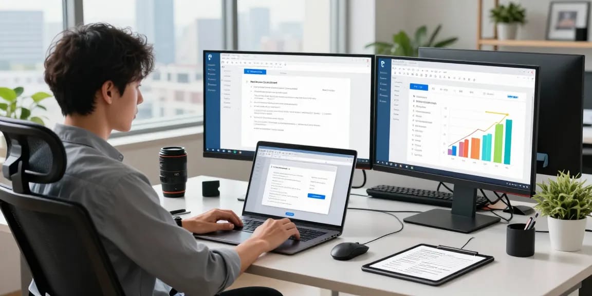 Efficient workspace illustrating WPS Download on multiple screens with productivity tools.
