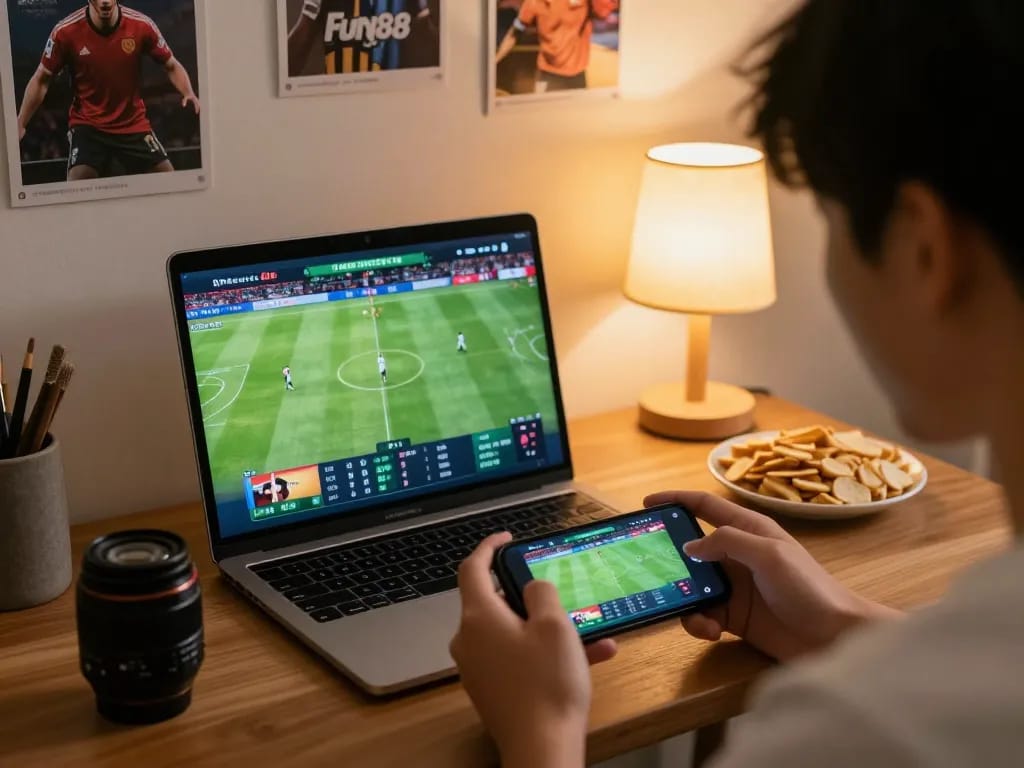 Betting on sports through the Fun88 app while watching a live football match.