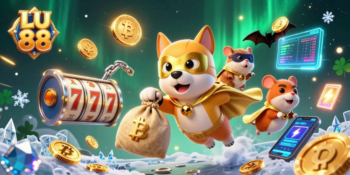 Engage in thrilling casino games with LU 88's colorful superhero dog and hamster duo, capturing the excitement.