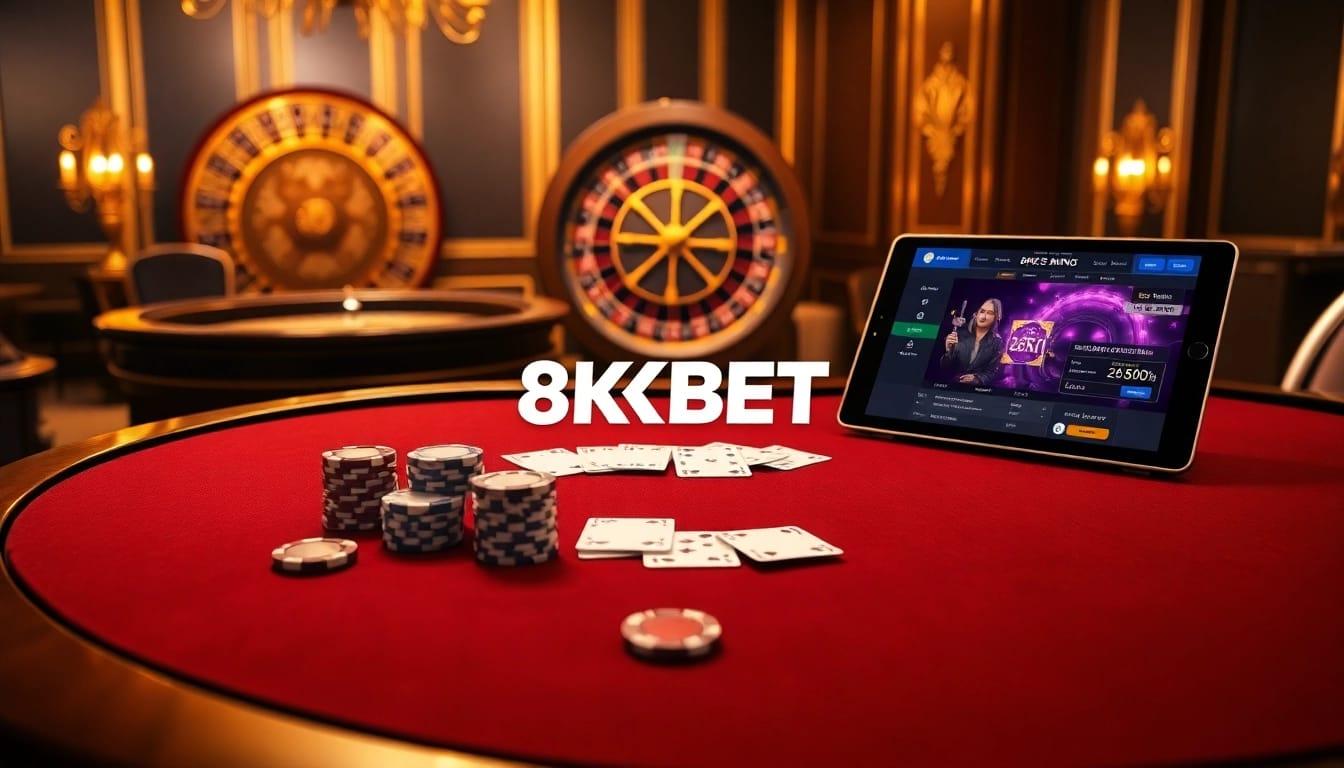 8KBET poker table scene with luxurious chips and cards, showcasing excitement in gambling.
