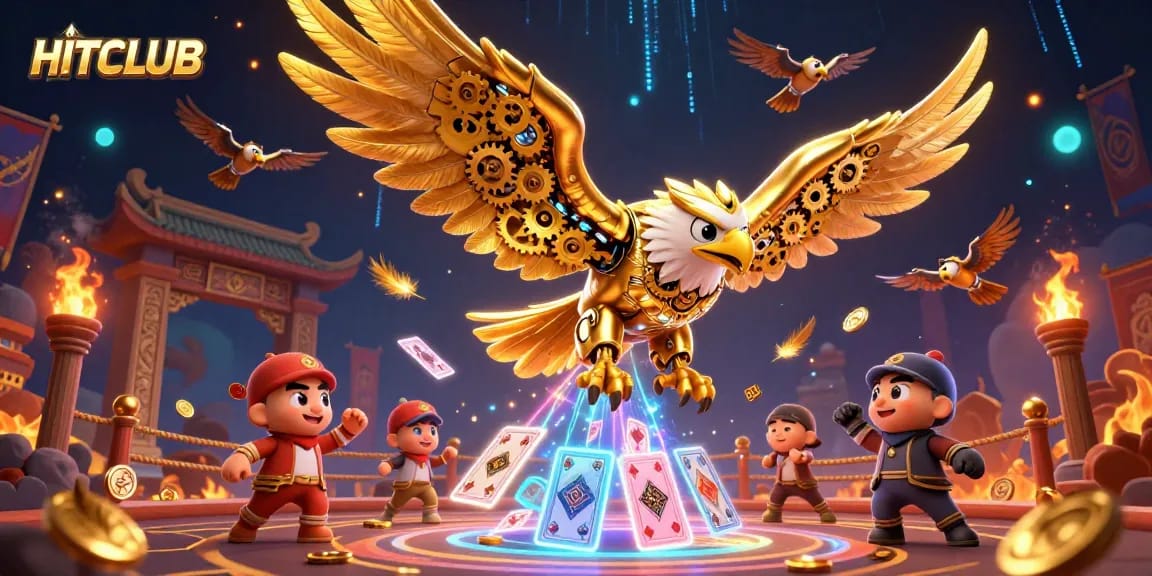 Experience HITCLUB's exciting gaming adventures with a dynamic scene featuring a cybernetic eagle and thrilling casino elements.