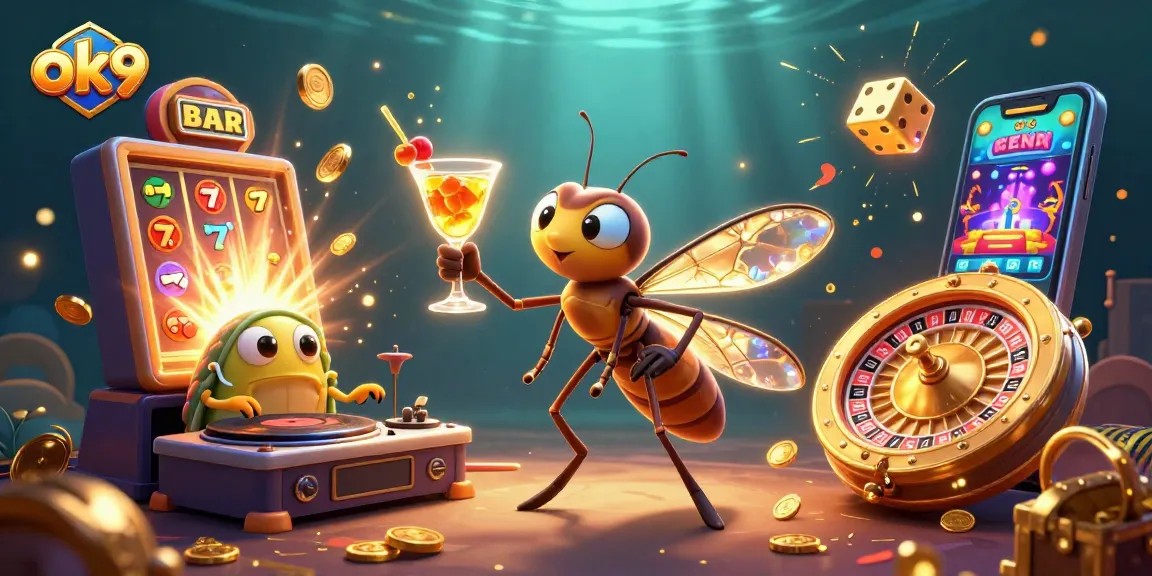 Join the fun at ok9 with a lively casino scene featuring unique characters and exciting game elements.