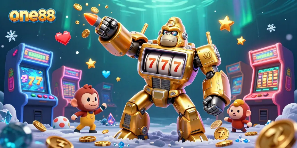 Experience thrilling gameplay with one88's dynamic slots through a golden gorilla mech in an explosive casino scene.