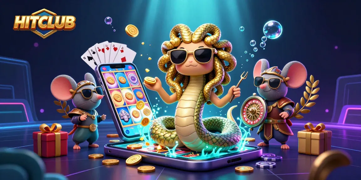 Experience the excitement of HITCLUB's playful casino scene with Medusa and a warrior mouse.