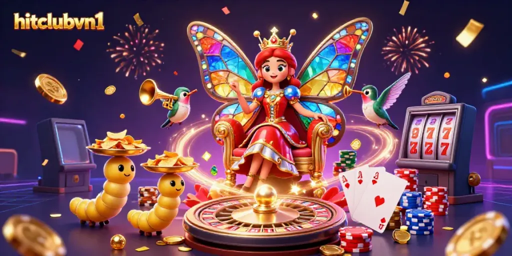 Experience the vibrant energy of hitclubvn1 with a butterfly queen and dynamic casino elements.