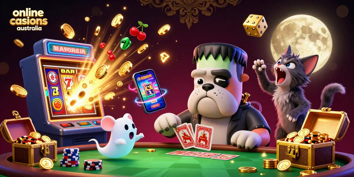 Experience the thrill of online casinos Australia with vibrant 3D illustrations of lively gambling scenes.