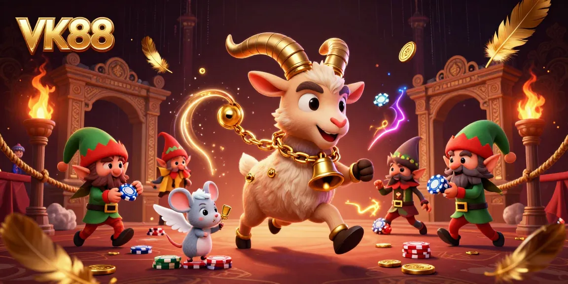 VK88 casino scene capturing a festive Krampus goat overseeing chaos among elf gremlins stealing chips.