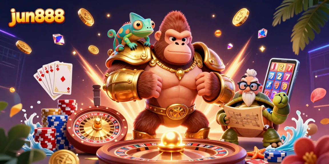 Experience gaming excellence with jun888, featuring dynamic characters and vibrant casino elements.