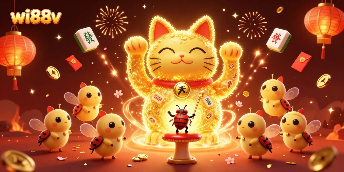 Engage with wi88v's vibrant casino experience through a 3D lucky cat illustration filled with gaming symbols and festive elements.