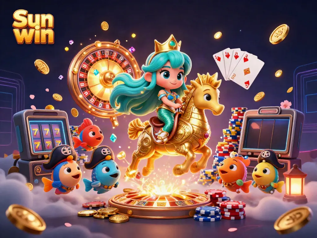 Engage with "Sun win" in a vibrant 3D casino scene, flaunting an enchanting mermaid princess and casino elements.