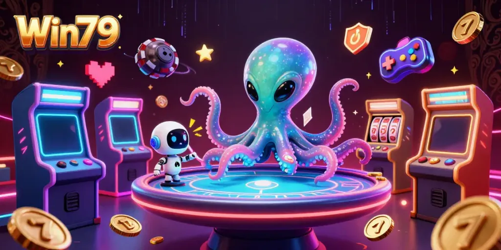 Win79 casino scene with a playful alien octopus at a holographic poker table, showcasing dynamic gaming elements.