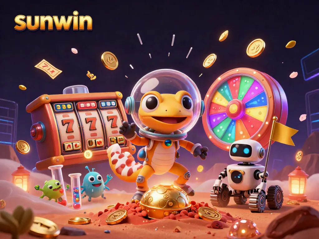 Sunwin's Martian gecko and robot rover discover a golden casino with vibrant game elements.