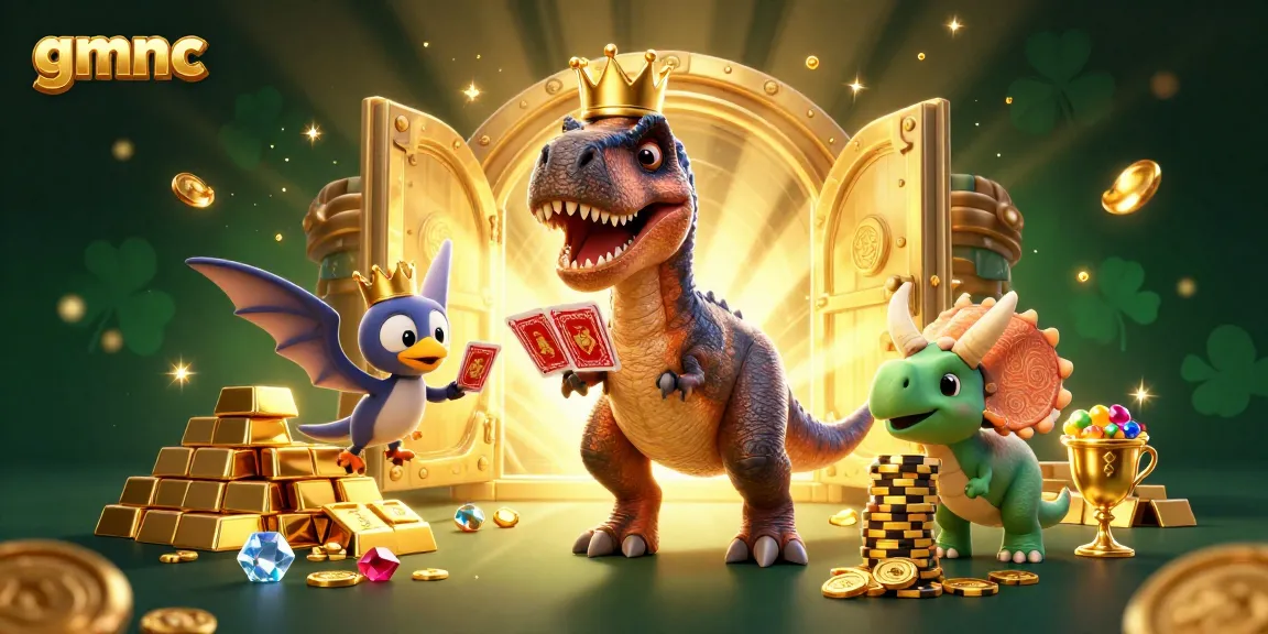 Experience gmnc with a friendly T-Rex, a pterodactyl assistant, and a triceratops in an exciting gambling world.