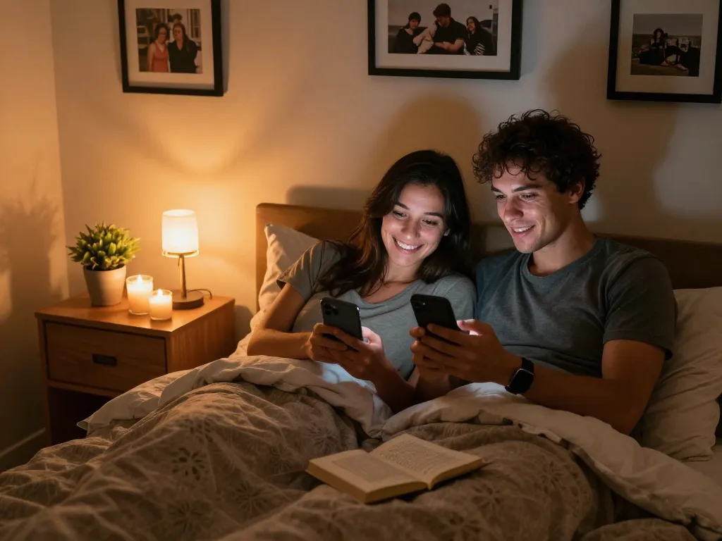 Sexting AI conversation in an intimate bedroom scene, showcasing digital intimacy and romance.