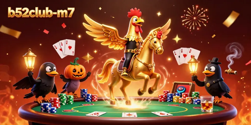 Engage with exciting games at b52club-m7 featuring golden rooster and poker elements in a vibrant casino.
