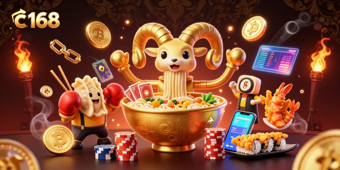 Join the excitement of c 168 with a dazzling scene of animated casino characters and vibrant crypto elements.