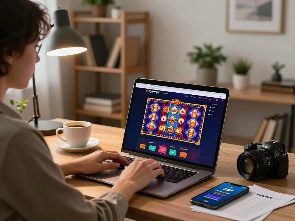 Engaging player immersed in PHPVIP online casino gameplay at home, showcasing vibrant game interface and strategic betting.