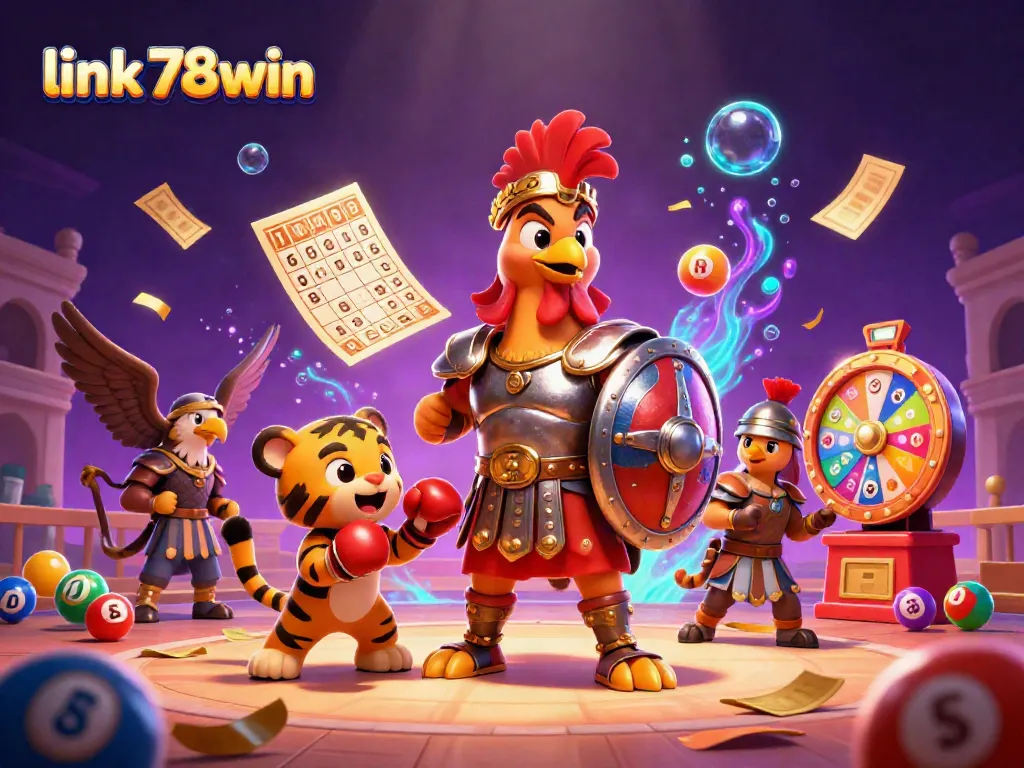 Engage with link 78win through an ultra-detailed scene featuring a gladiator rooster and vibrant lottery elements.